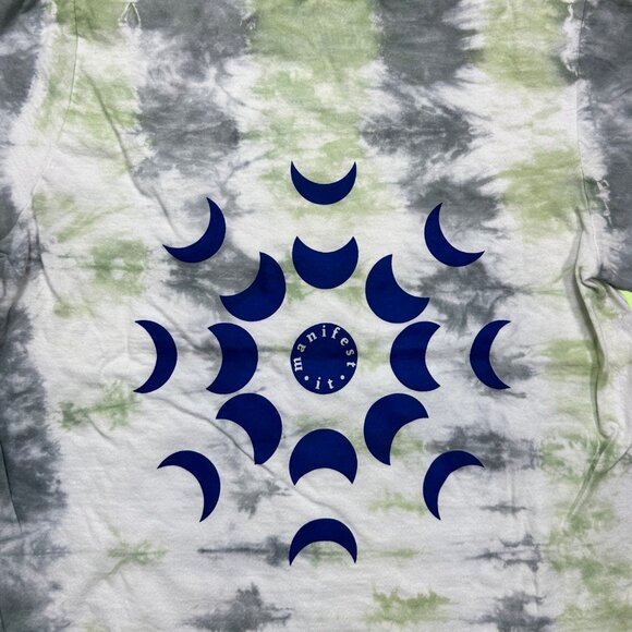 Inner Thoughts Blue/Grey and Green Tie Dye Manifest It Moon Phases Tee Shirt - Picture 3 of 4